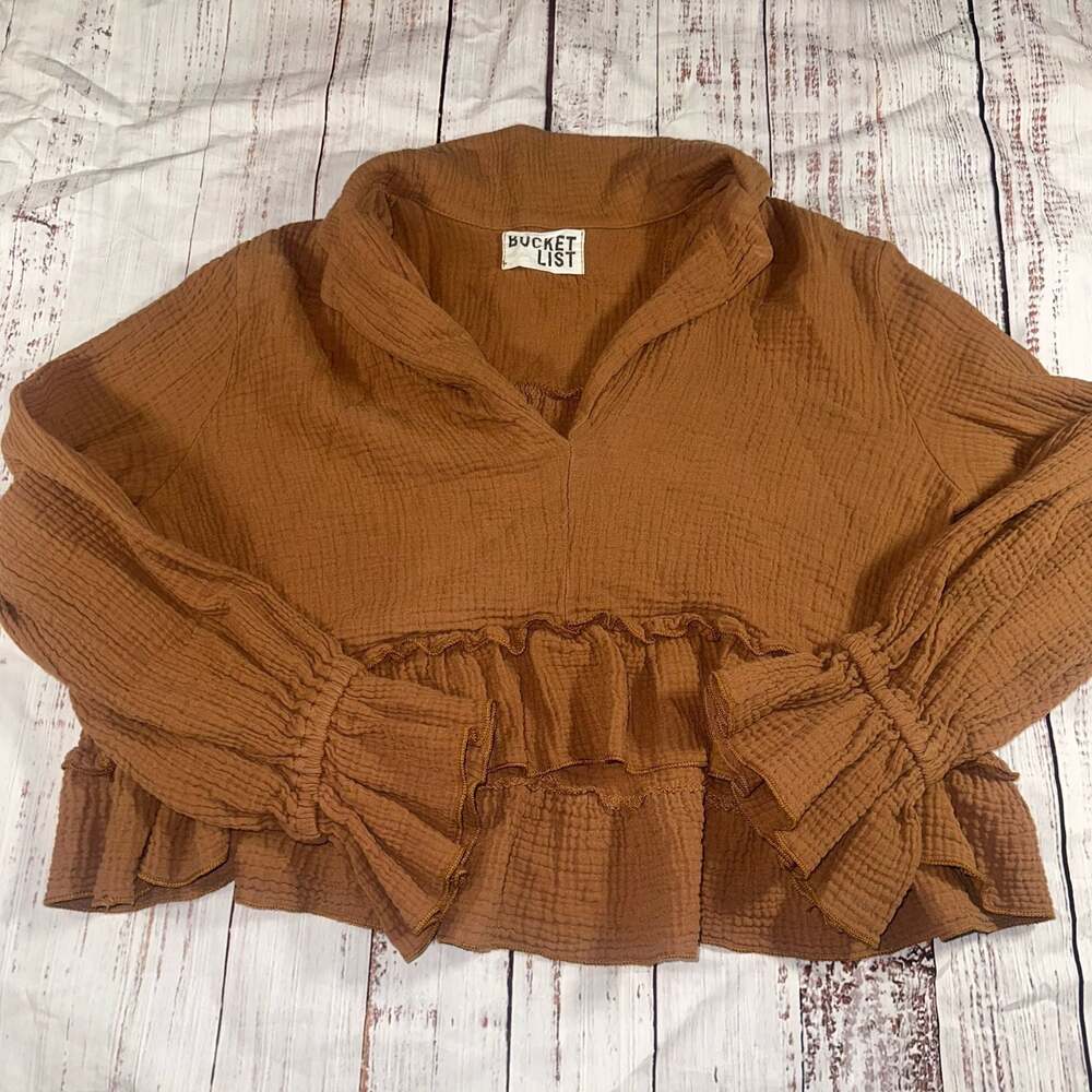 Bucket List Brown Off Shoulder Gauze Peasant Blouse Boho Cottagecore Small